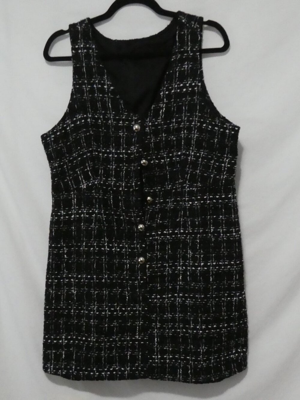 Unbranded Black & White Plaid Tweed Vest Dress Sleeveless V-Neck - P2P 19 inches